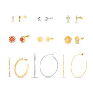 Two Tone Stud & Hoop Earrings 9-Piece Set